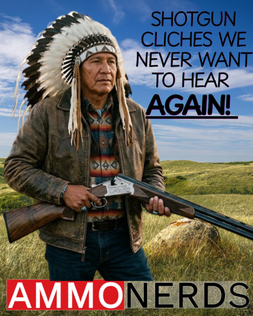Native American in traditional headdress holding a Krieghoff K80 shotgun to illustrate the "Indian not the arrow" cliché.