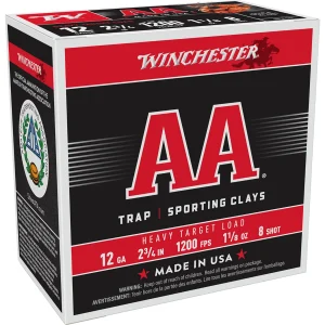 A box of Winchester AA Heavy Target 12 gauge shotgun ammunition with an orange clay target in the background, featuring the distinctive red Winchester AA branding.