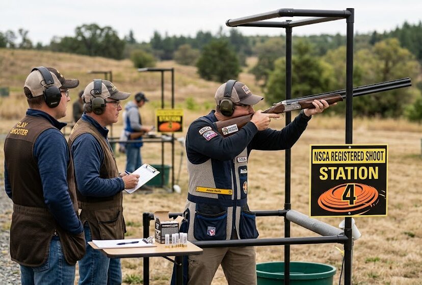 A group of competitive shooters at an NSCA sporting clays event walking between stations.