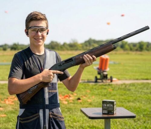 Young shooter safely holding a Beretta A400 20-gauge semi-auto shotgun—the best shotgun for new clay shooters—with the bolt open and finger off the trigger at a sporting clays range next to a box of Ammo Nerds target loads.