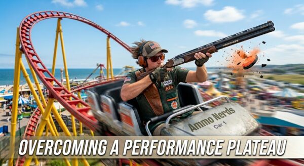 A clay target shooter in a shooting vest and sunglasses riding a roller coaster while successfully blasting an orange clay pigeon mid-air with a shotgun. The front of the coaster car features the text "Ammo Nerds Car 1", and the top of the image displays the caption "OVERCOMING A PERFORMANCE PLATEAU" in clean, white block lettering.