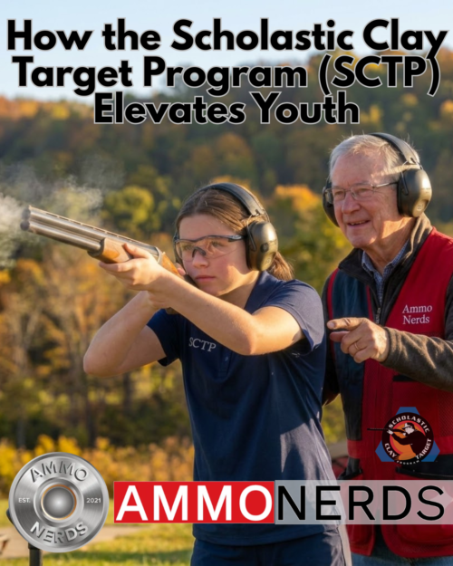 Youth athlete aiming a shotgun on the range alongside a coach in an Ammo Nerds vest during a Scholastic Clay Target Program session.